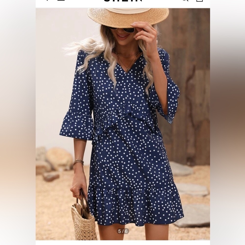 SHEIN Navy/White Polka Dot Print Flounce Sleeve Ruffle Hem Smock Dress - Picture 5 of 13